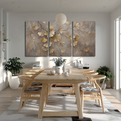Cream and gold-colored ginkgo leaves against warm gray 3 piece canvas wall art room and product view