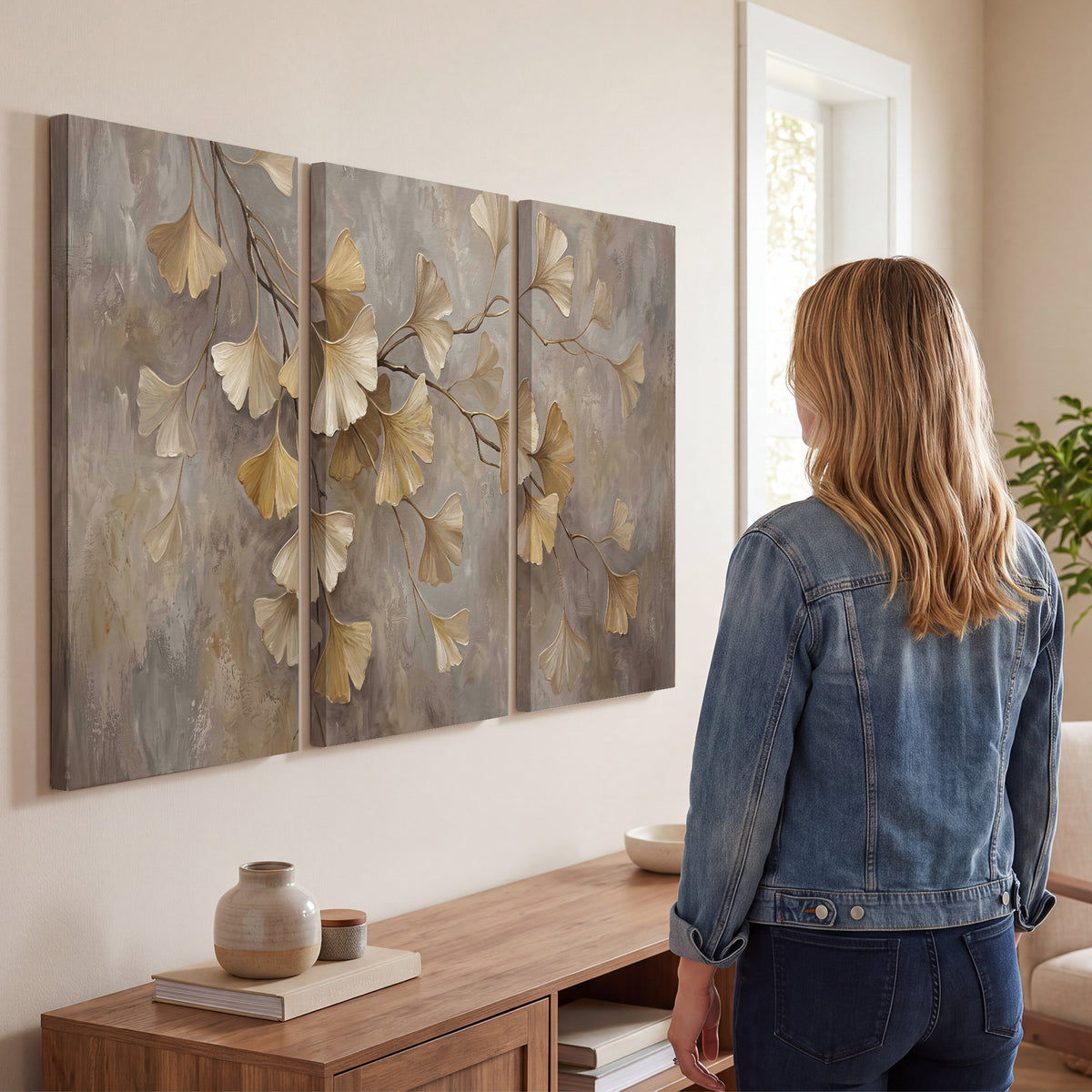 Cream and gold-colored ginkgo leaves against warm gray 3 piece canvas wall art three panel arrangement on a wall