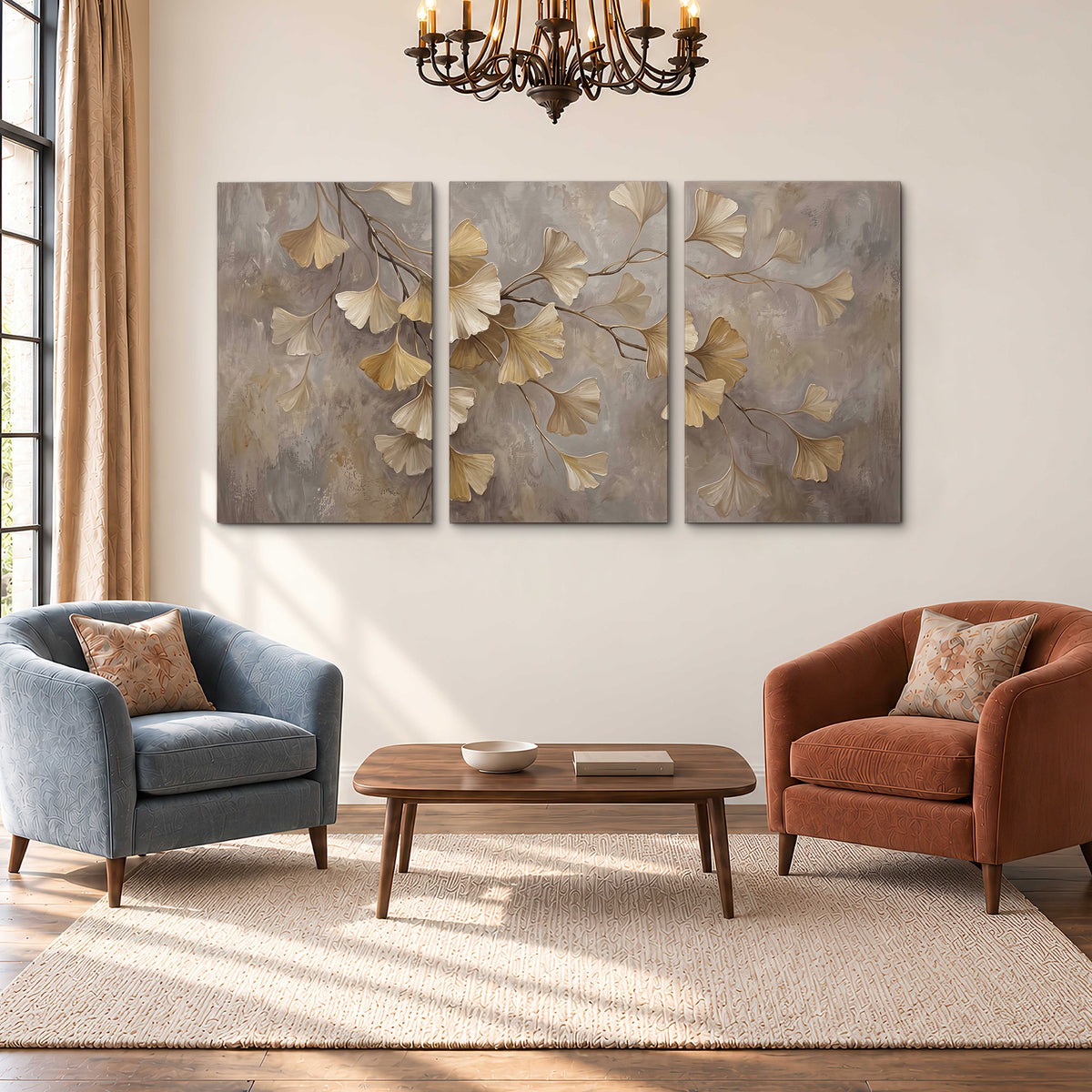 Cream and gold-colored ginkgo leaves against warm gray 3 piece canvas wall art styled in an interior