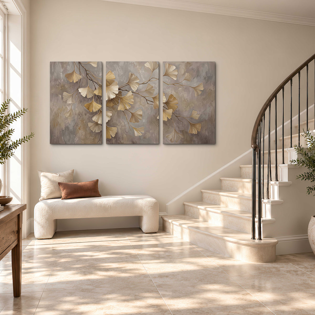 Cream and gold-colored ginkgo leaves against warm gray 3 piece canvas wall art styled in an interior
