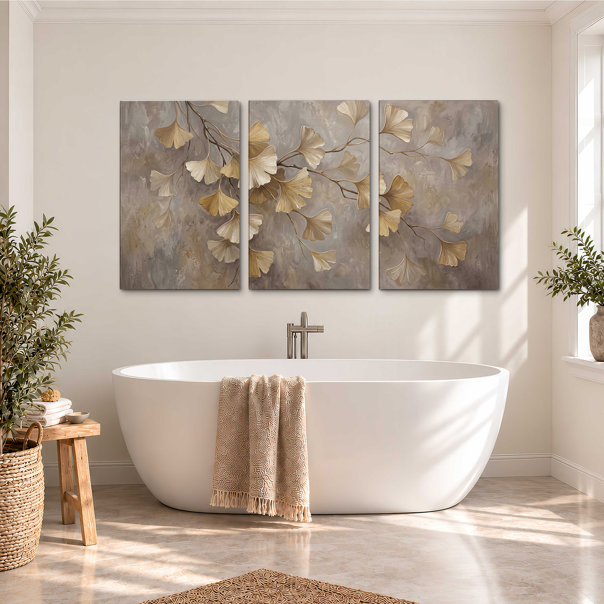 Cream and gold-colored ginkgo leaves against warm gray 3 piece canvas wall art styled in an interior