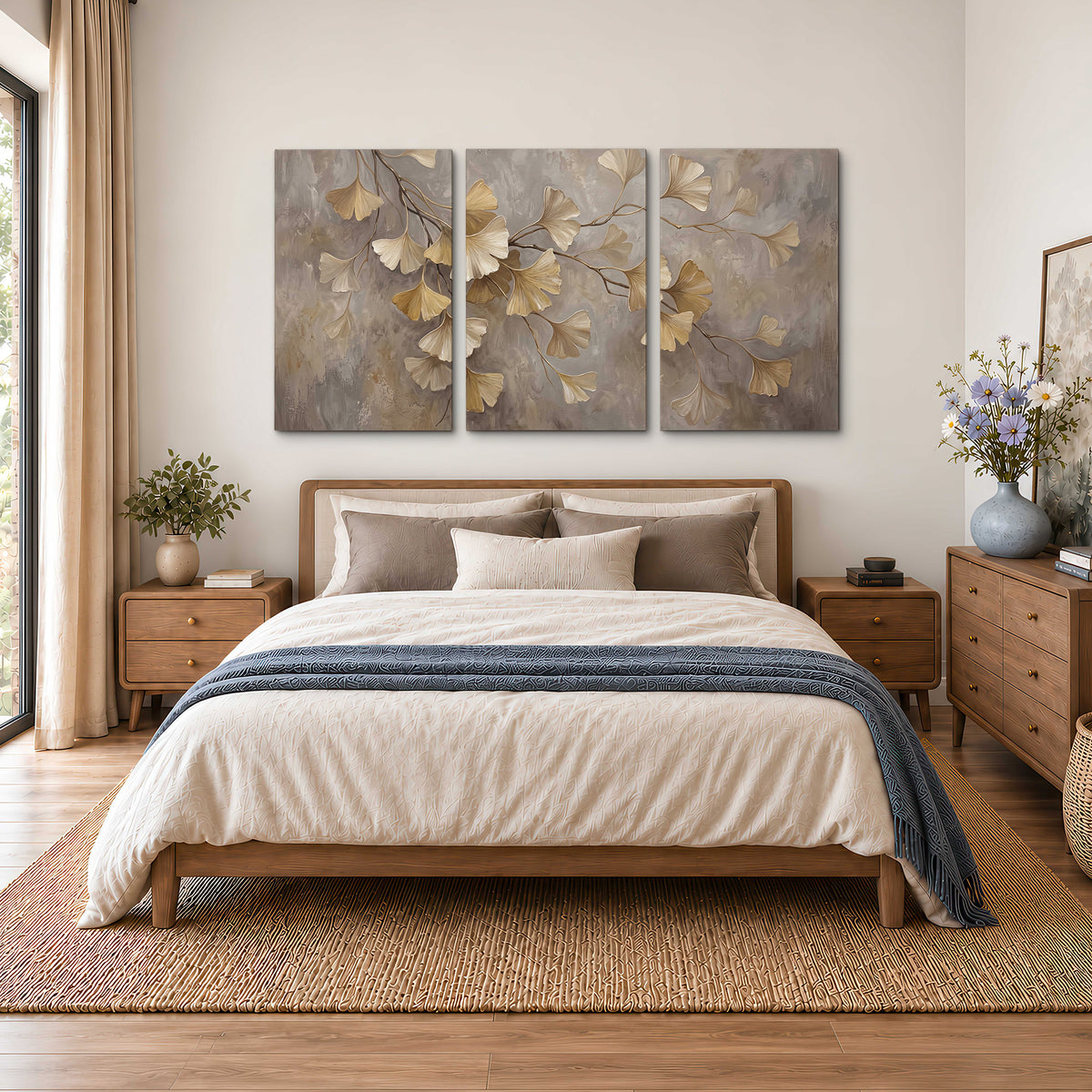 Cream and gold-colored ginkgo leaves against warm gray 3 piece canvas wall art styled in an interior