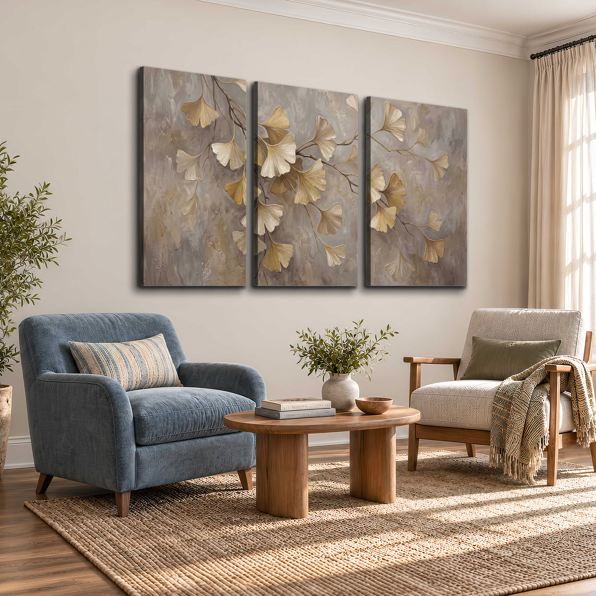 Cream and gold-colored ginkgo leaves against warm gray 3 piece canvas wall art styled in an interior