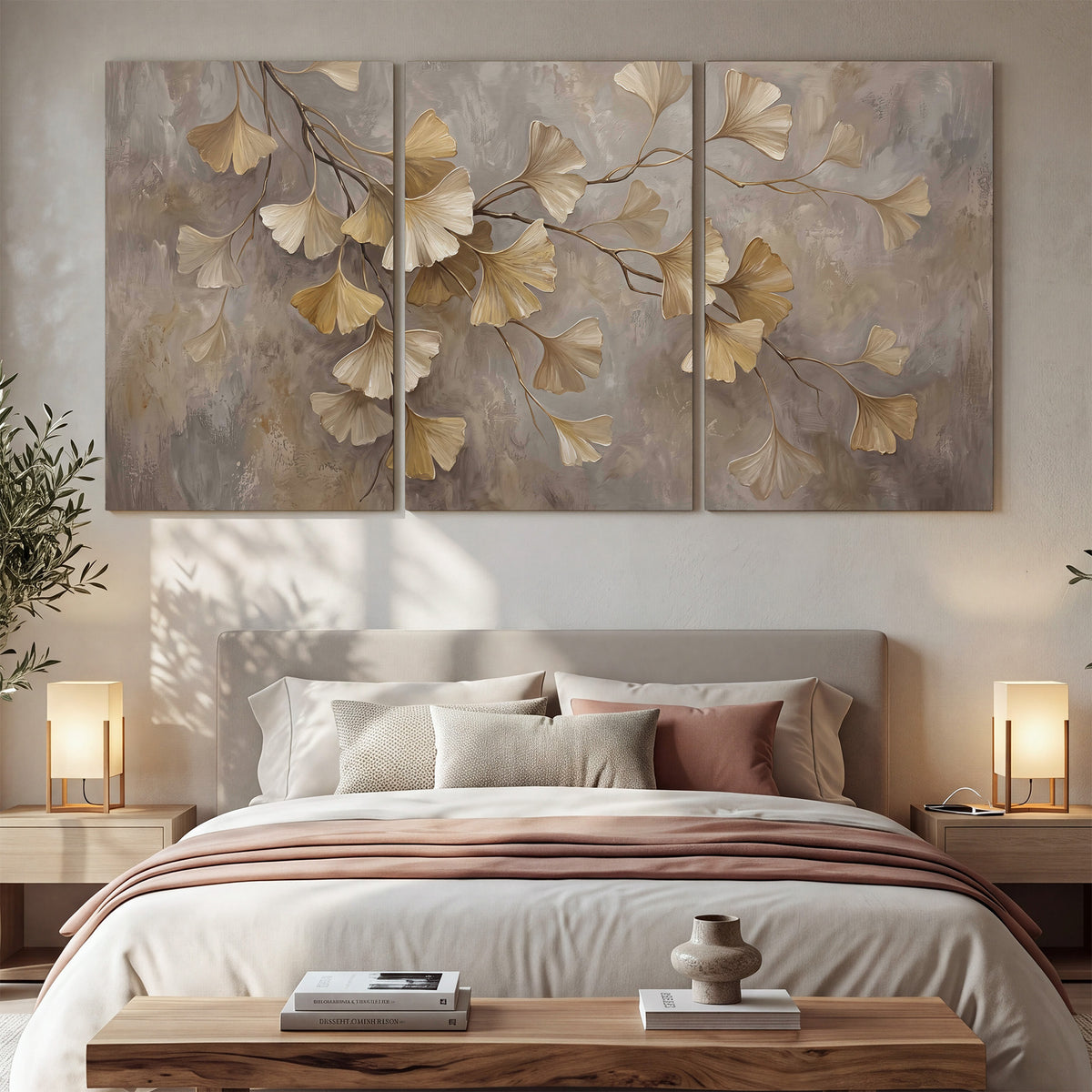 Cream and gold-colored ginkgo leaves against warm gray 3 piece canvas wall art displayed in a bedroom