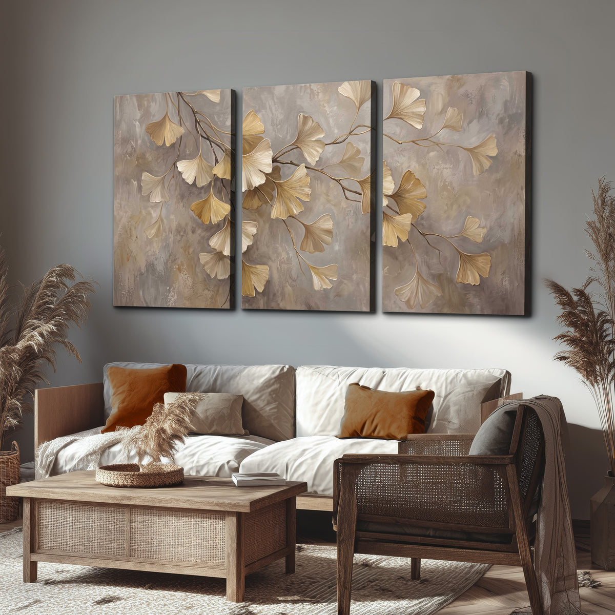 Cream and gold-colored ginkgo leaves against warm gray 3 piece canvas wall art displayed in a rustic living room