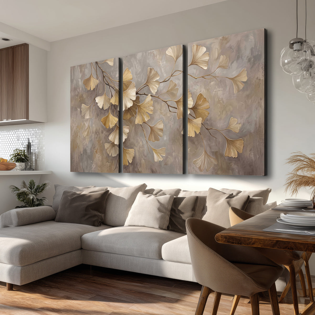 Cream and gold-colored ginkgo leaves against warm gray 3 piece canvas wall art room and product view
