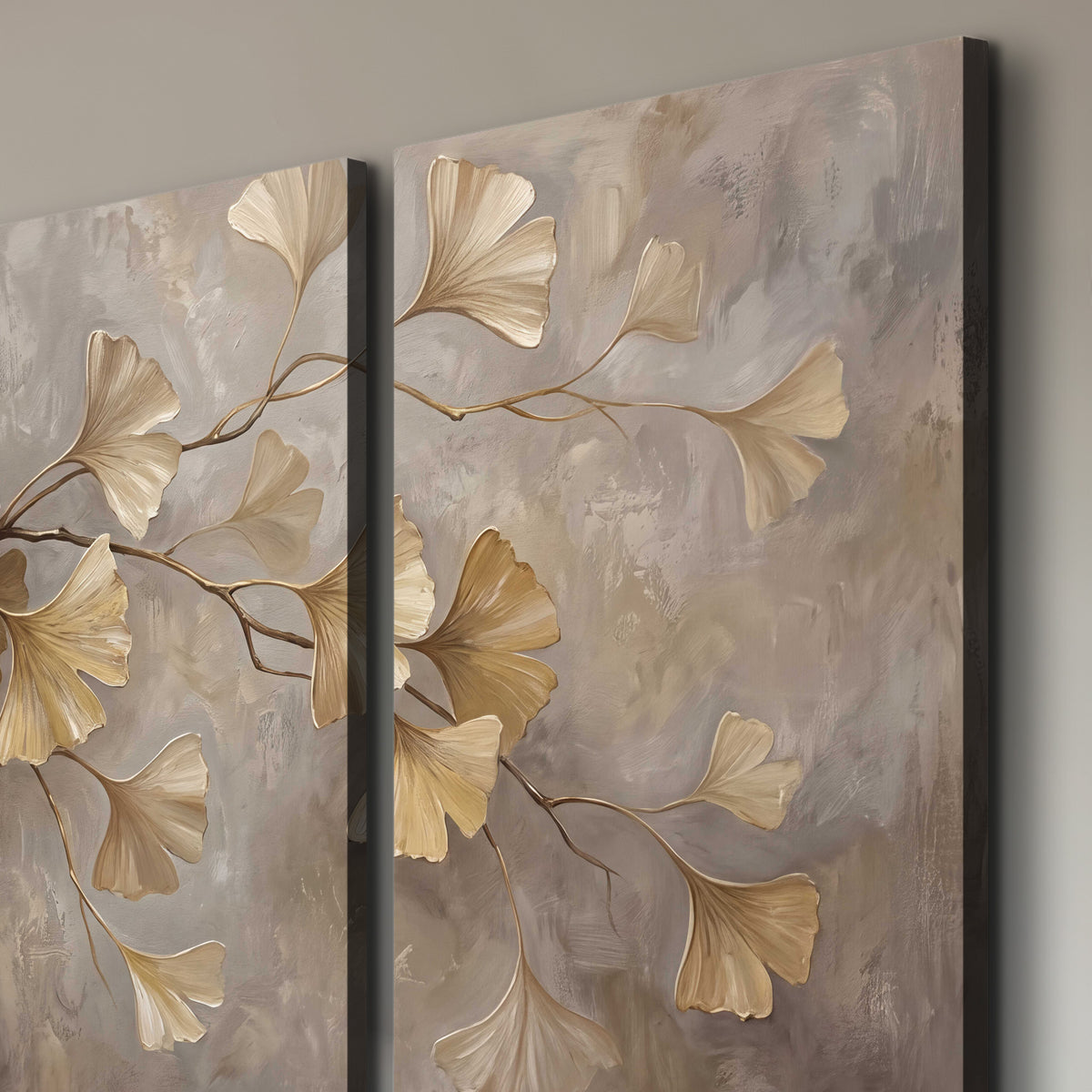 Cream and gold-colored ginkgo leaves against warm gray 3 piece canvas wall art room and product view
