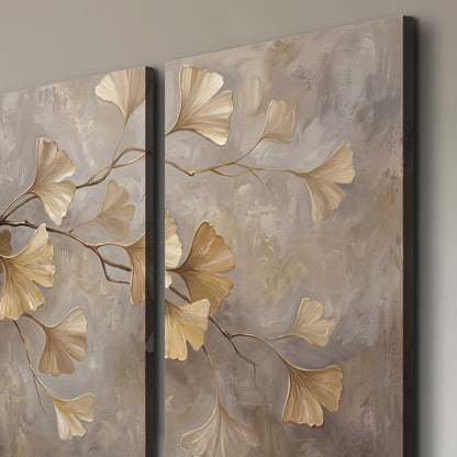 Cream and gold-colored ginkgo leaves against warm gray 3 piece canvas wall art room and product view