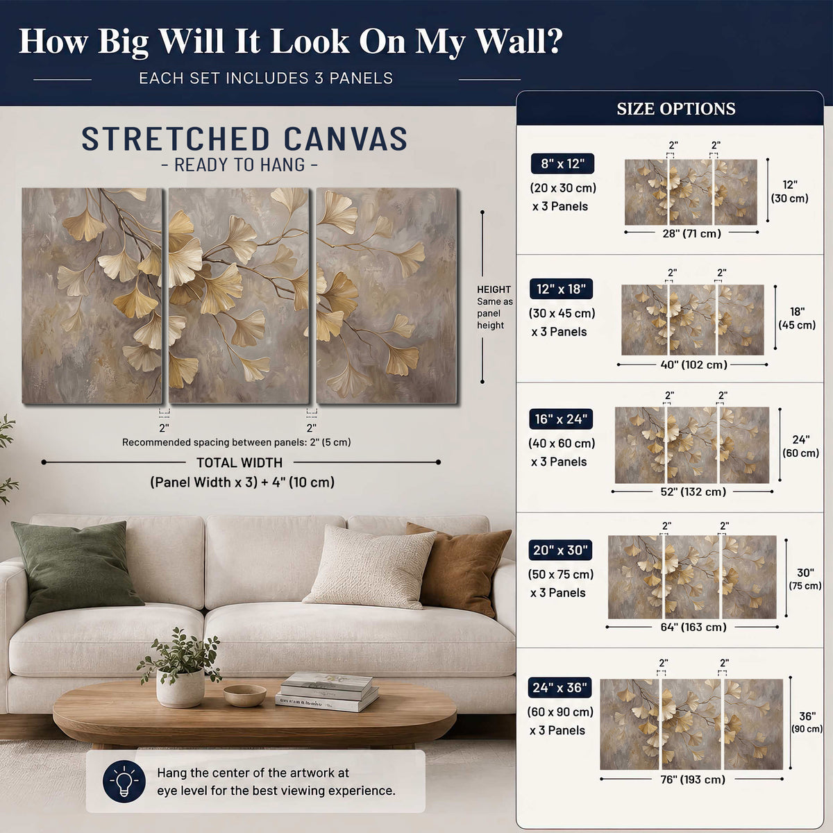 Cream and gold-colored ginkgo leaves against warm gray 3 piece canvas wall art size guide above a sofa; room view is illustrative