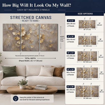 Cream and gold-colored ginkgo leaves against warm gray 3 piece canvas wall art size guide above a sofa; room view is illustrative