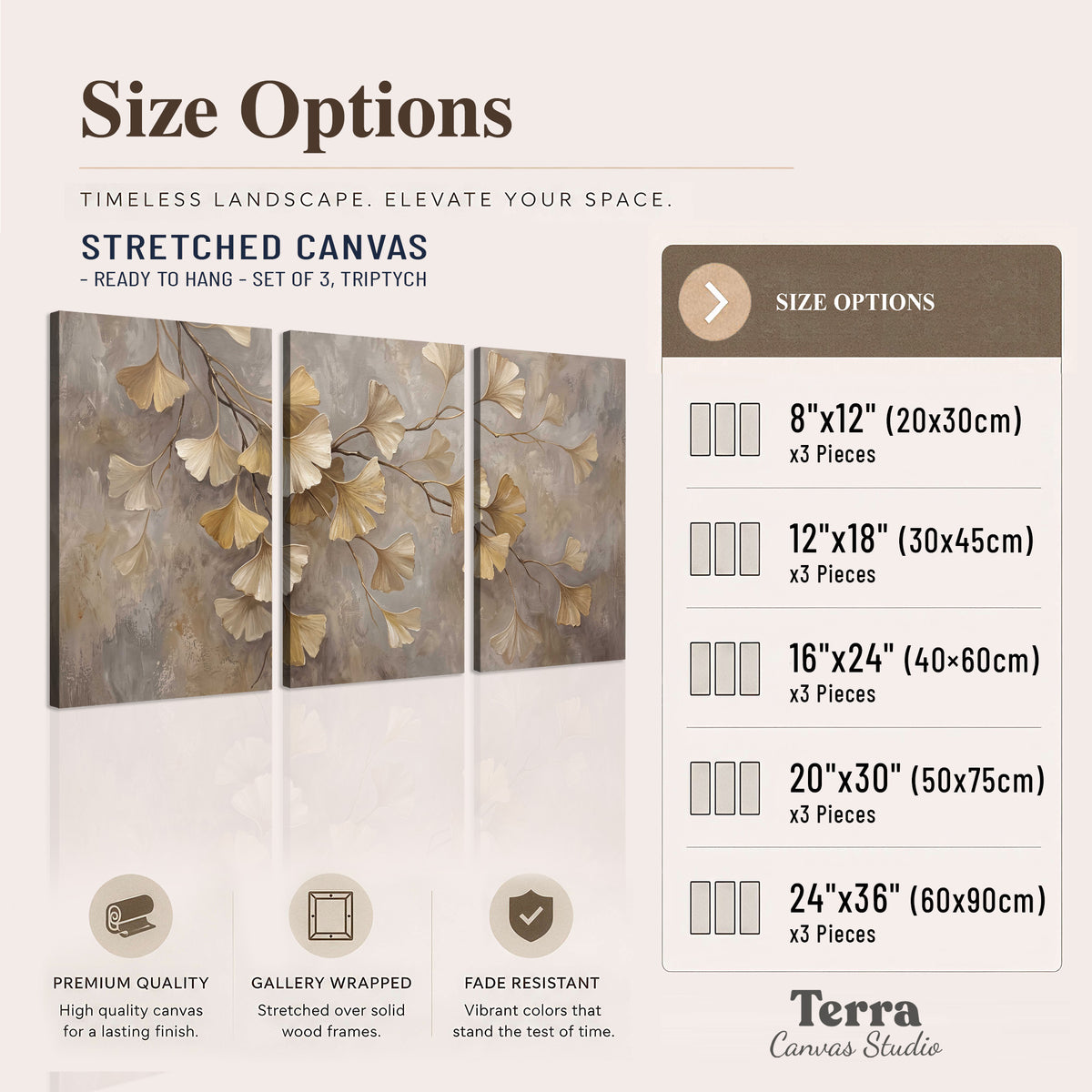 Cream and gold-colored ginkgo leaves against warm gray 3 piece canvas wall art available dimensions; triptych dimensions are per panel