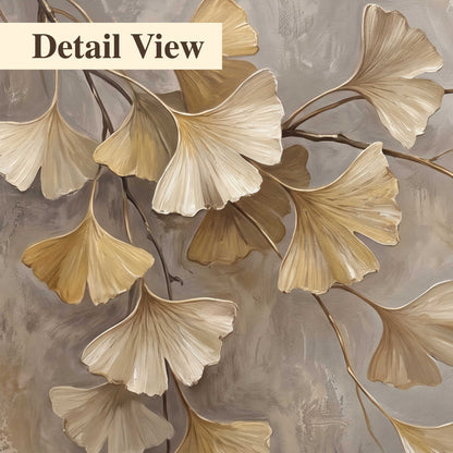 Cream and gold-colored ginkgo leaves against warm gray 3 piece canvas wall art artwork detail close up