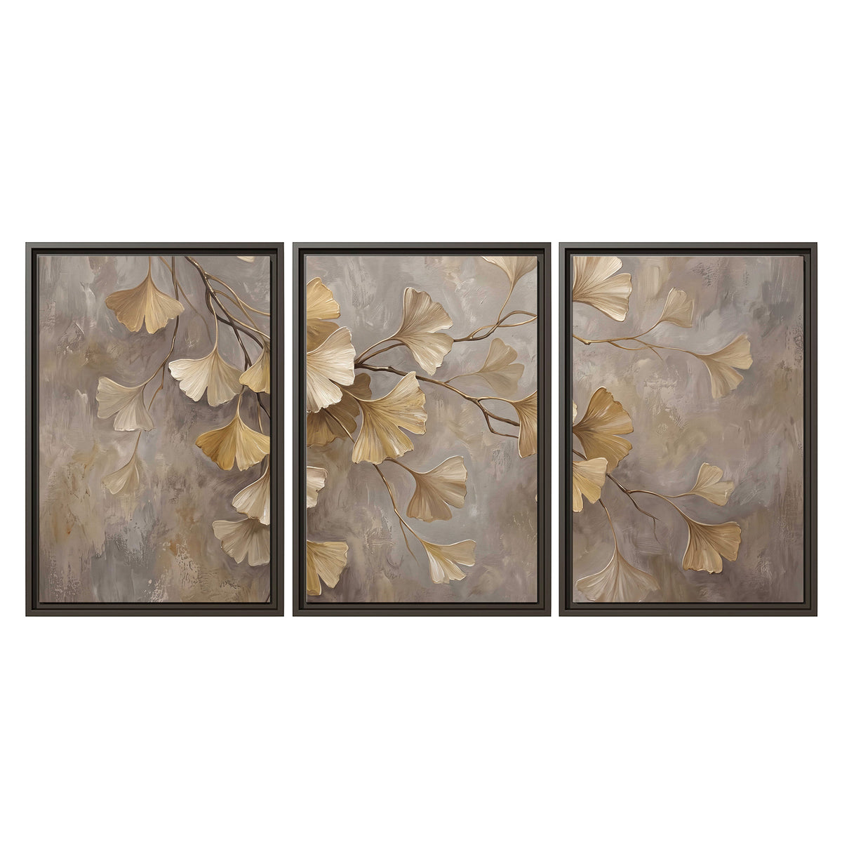 Cream and gold-colored ginkgo leaves against warm gray 3 piece framed canvas wall art viewed straight on