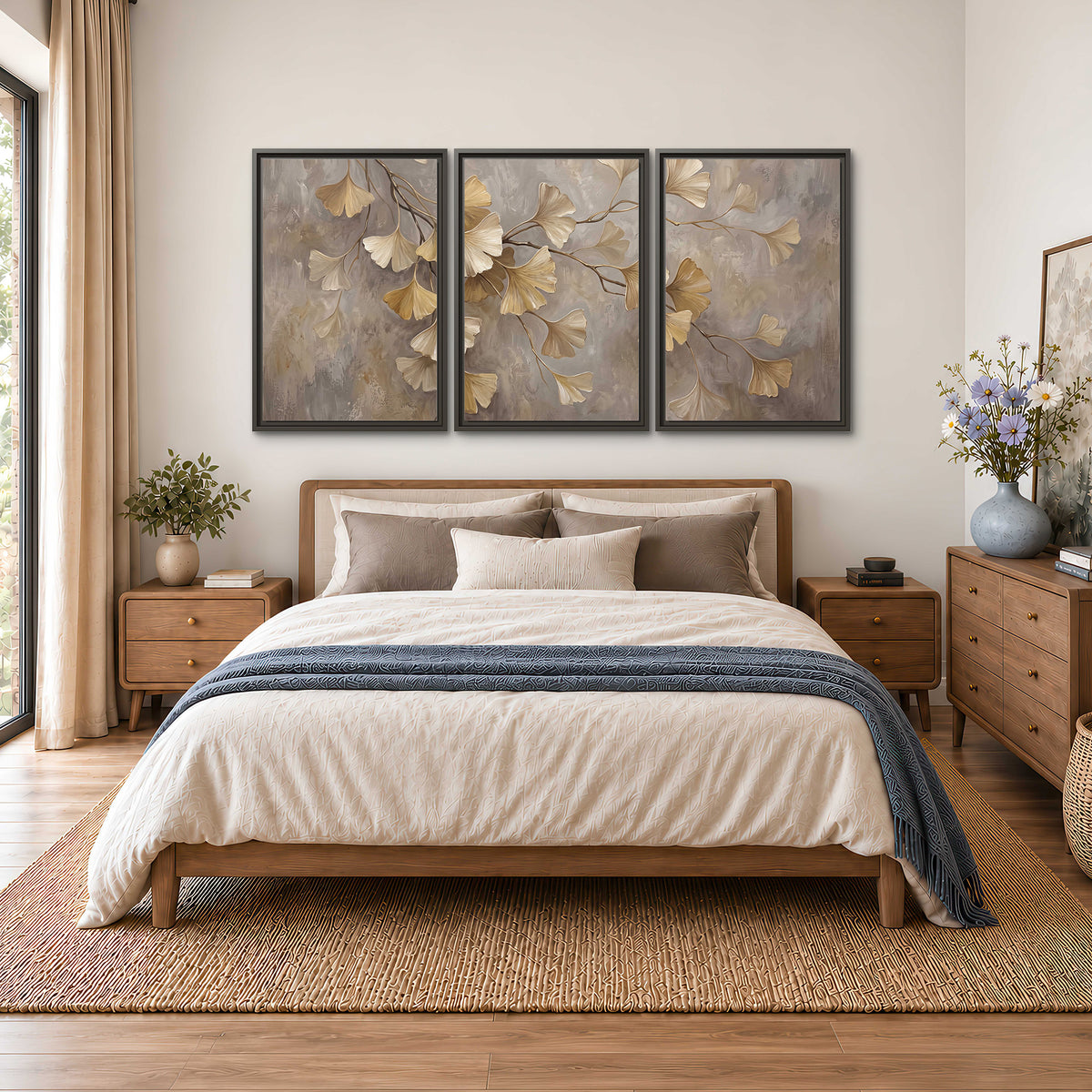 Cream and gold-colored ginkgo leaves against warm gray 3 piece framed canvas wall art styled in an interior
