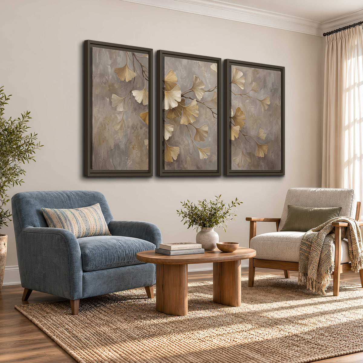 Cream and gold-colored ginkgo leaves against warm gray 3 piece framed canvas wall art styled in an interior