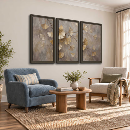 Cream and gold-colored ginkgo leaves against warm gray 3 piece framed canvas wall art styled in an interior