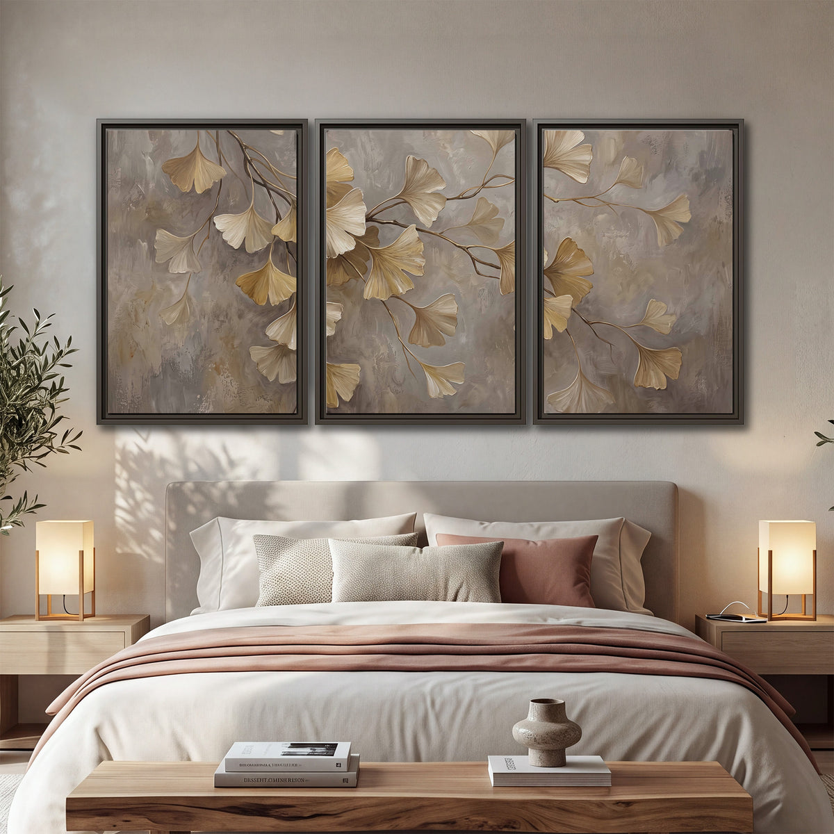Cream and gold-colored ginkgo leaves against warm gray 3 piece framed canvas wall art displayed in a bedroom
