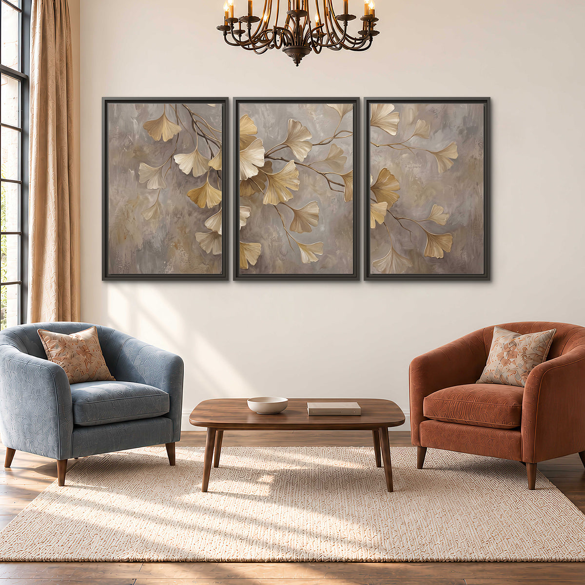 Cream and gold-colored ginkgo leaves against warm gray 3 piece framed canvas wall art styled in an interior