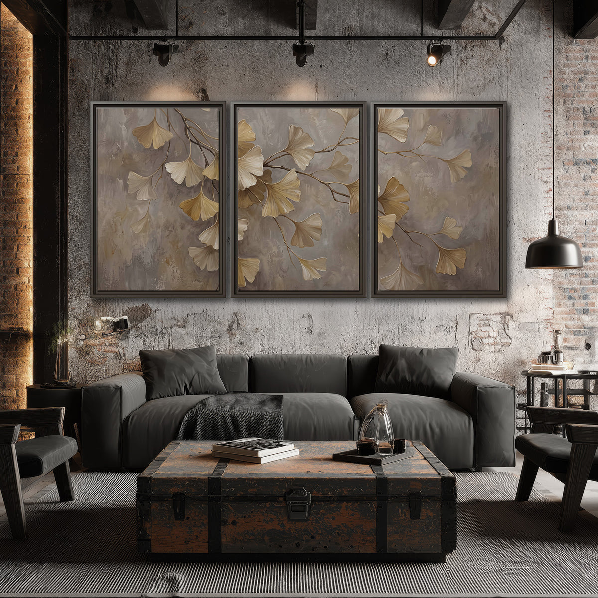 Cream and gold-colored ginkgo leaves against warm gray 3 piece framed canvas wall art displayed in a industrial room