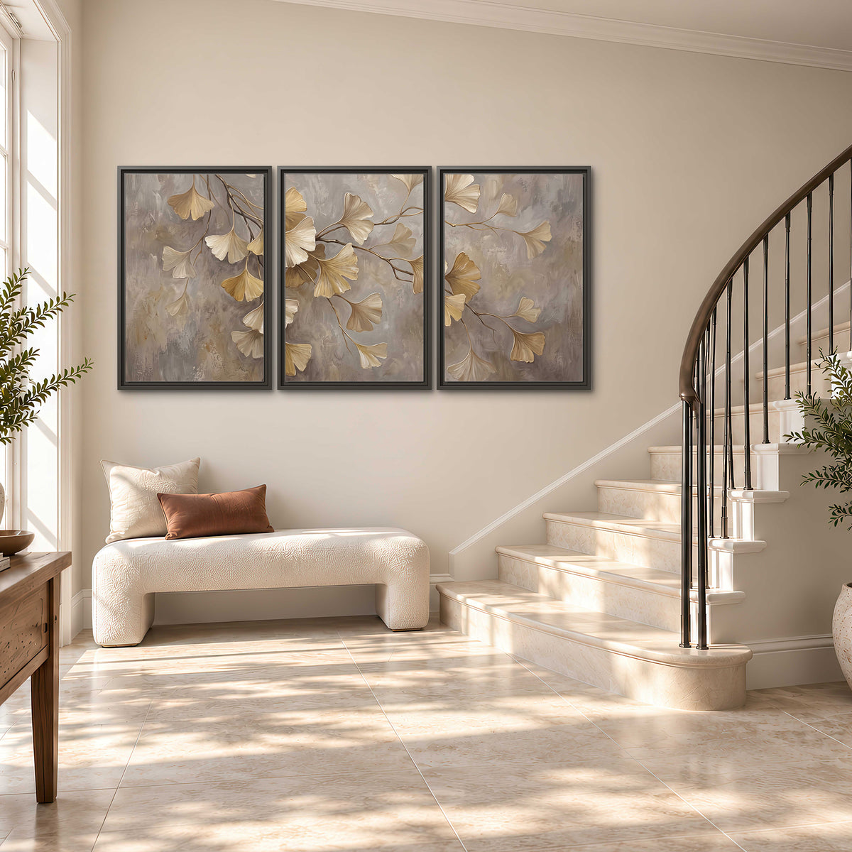 Cream and gold-colored ginkgo leaves against warm gray 3 piece framed canvas wall art styled in an interior