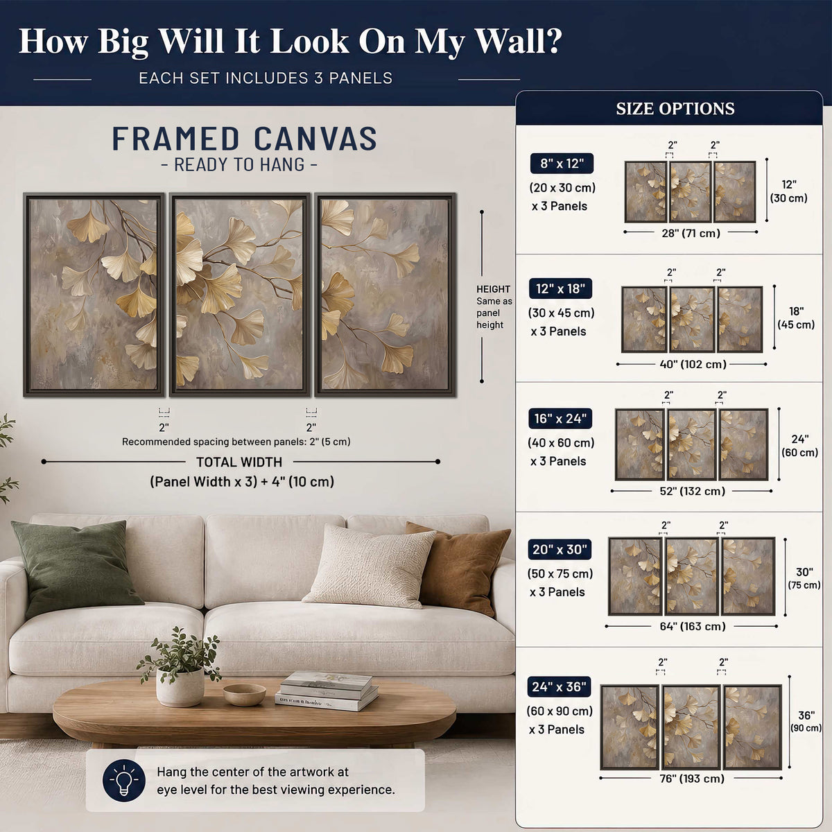 Cream and gold-colored ginkgo leaves against warm gray 3 piece framed canvas wall art size guide above a sofa; room view is illustrative