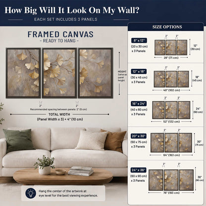 Cream and gold-colored ginkgo leaves against warm gray 3 piece framed canvas wall art size guide above a sofa; room view is illustrative