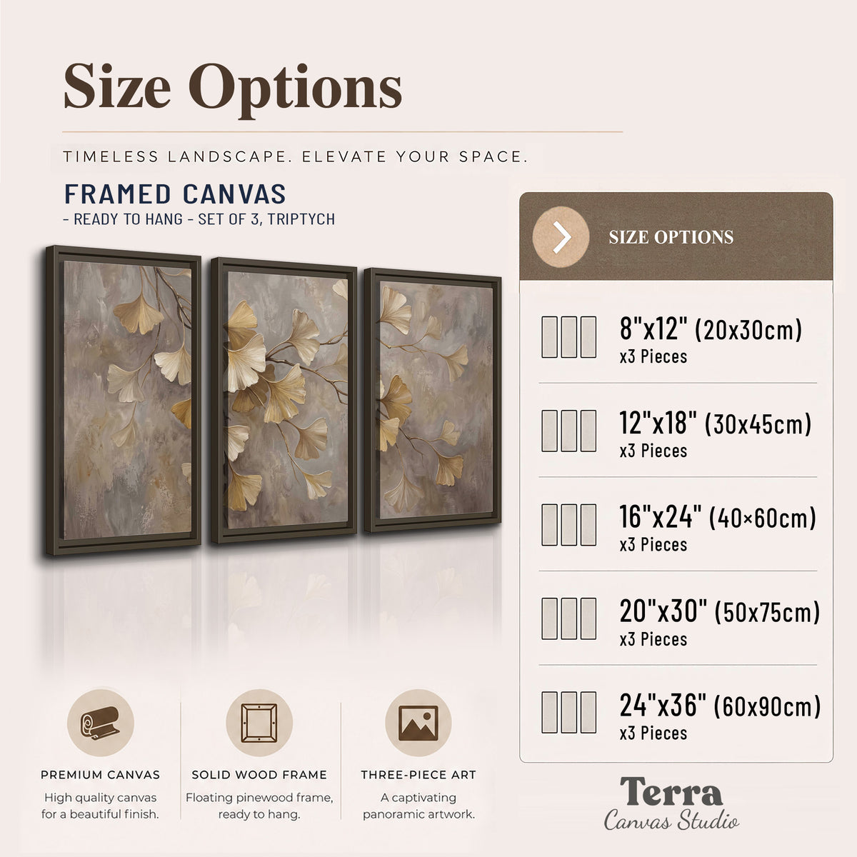 Cream and gold-colored ginkgo leaves against warm gray 3 piece framed canvas wall art available dimensions; triptych dimensions are per panel