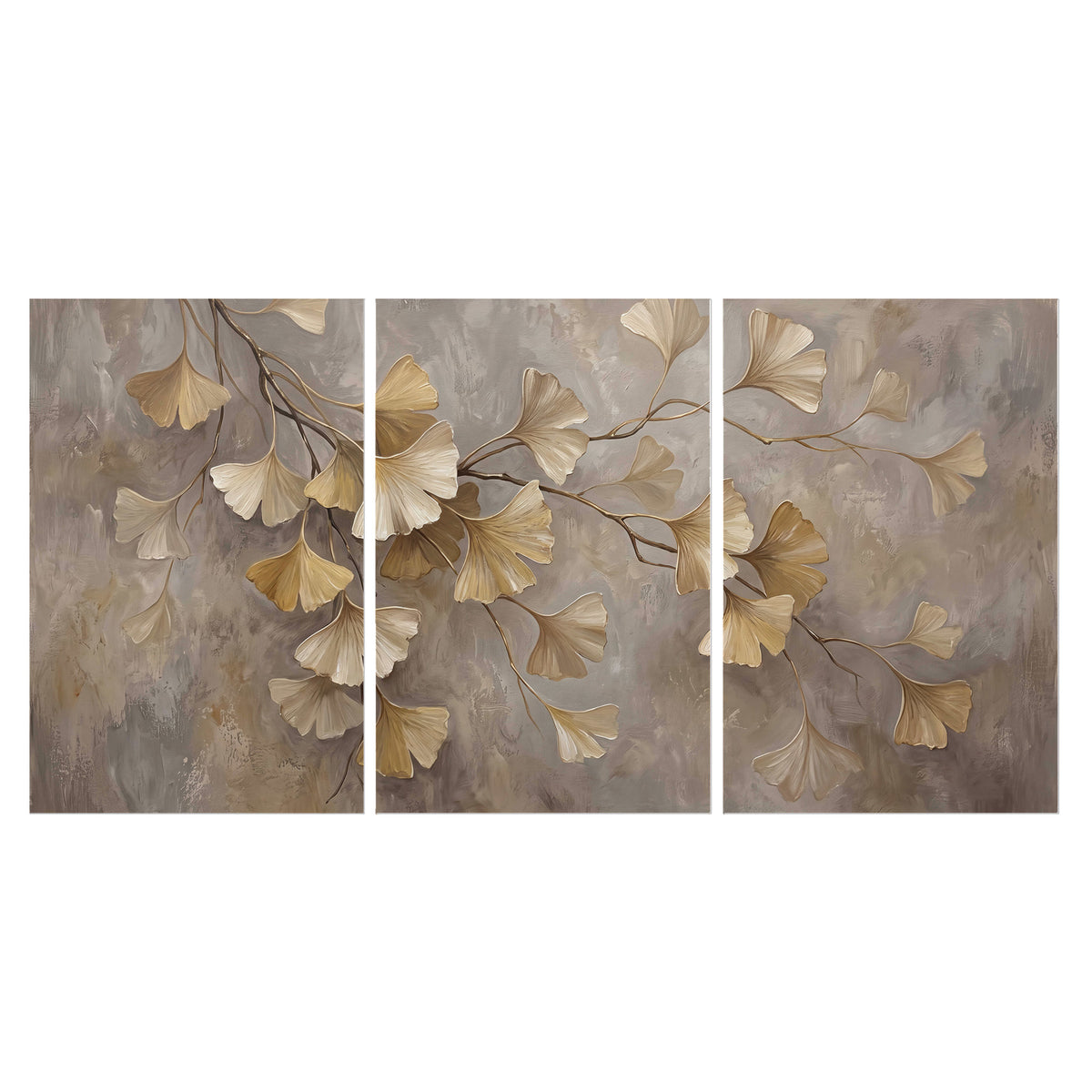 Cream and gold-colored ginkgo leaves against warm gray set of 3 poster prints viewed straight on