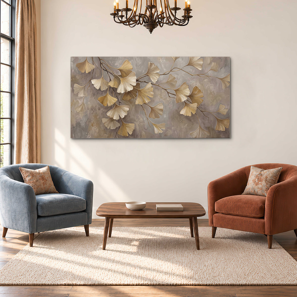 Cream and gold-colored ginkgo leaves against warm gray single canvas wall art styled in an interior