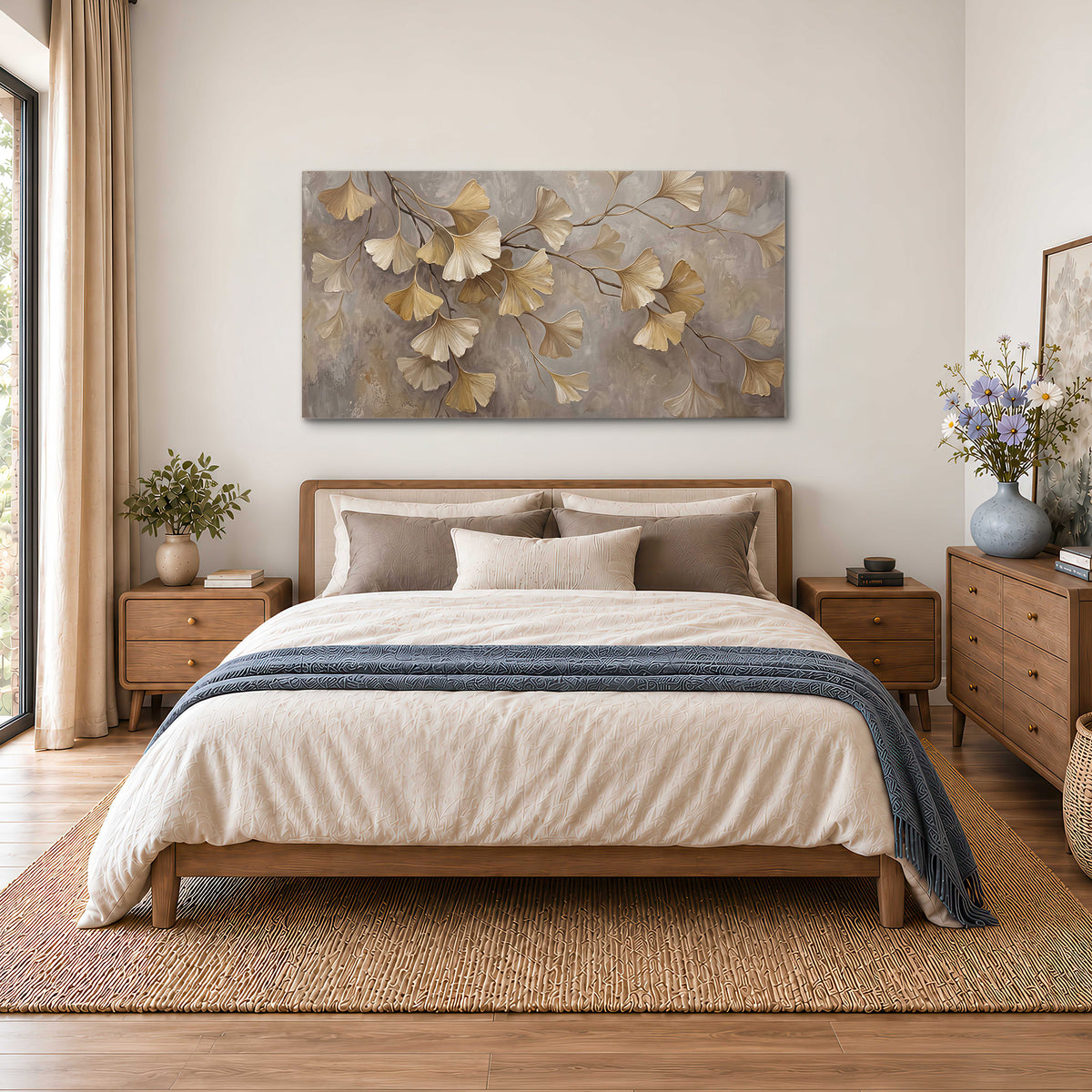 Cream and gold-colored ginkgo leaves against warm gray single canvas wall art styled in an interior
