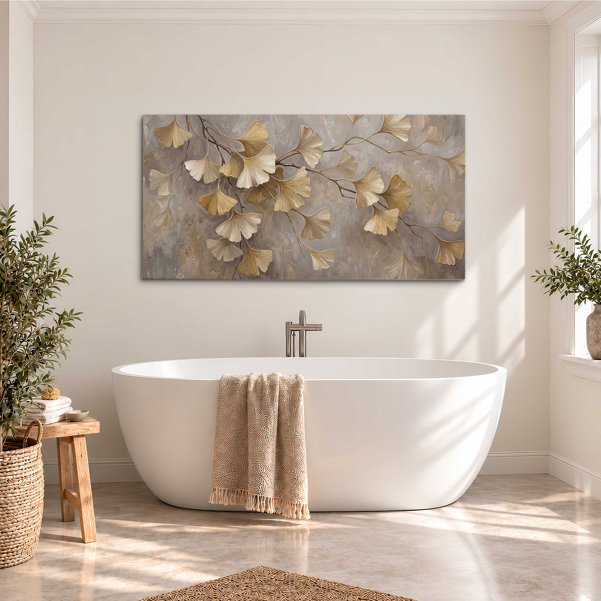 Cream and gold-colored ginkgo leaves against warm gray single canvas wall art styled in an interior