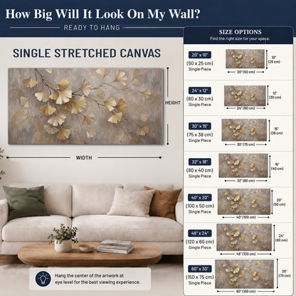 Cream and gold-colored ginkgo leaves against warm gray single canvas wall art size guide above a sofa; room view is illustrative