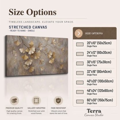 Cream and gold-colored ginkgo leaves against warm gray single canvas wall art available dimensions
