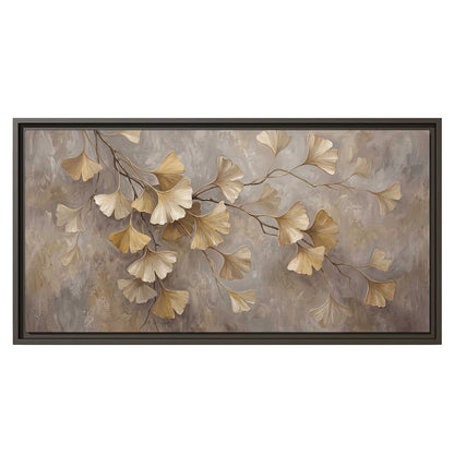 Cream and gold-colored ginkgo leaves against warm gray single framed canvas wall art viewed straight on