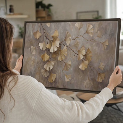 Cream and gold-colored ginkgo leaves against warm gray single framed canvas wall art held in hands
