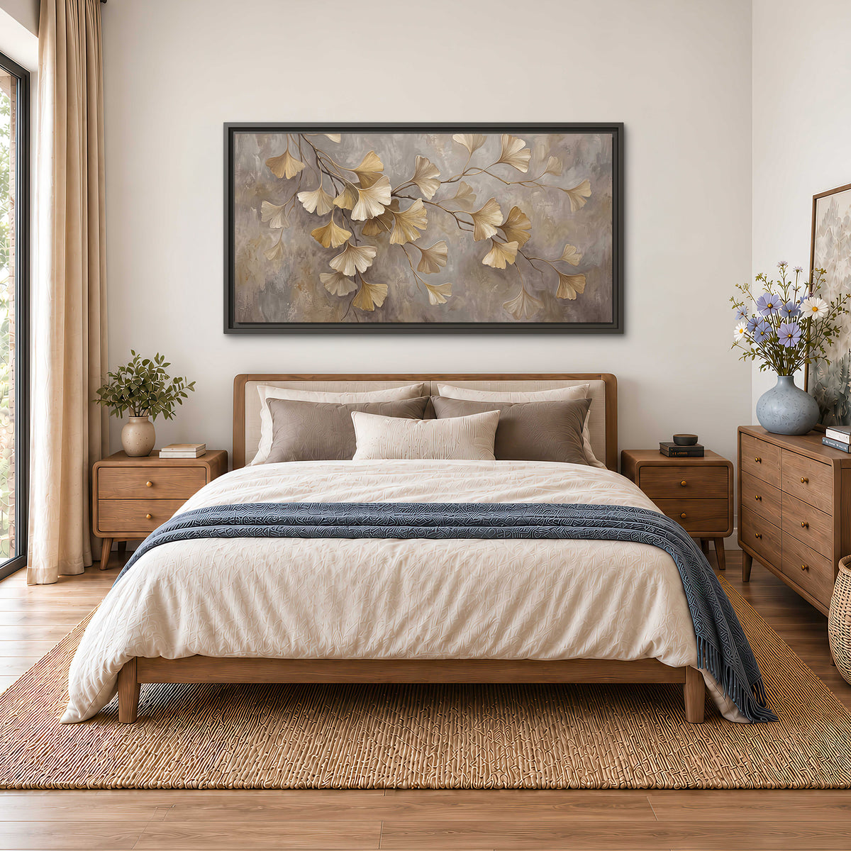 Cream and gold-colored ginkgo leaves against warm gray single framed canvas wall art styled in an interior