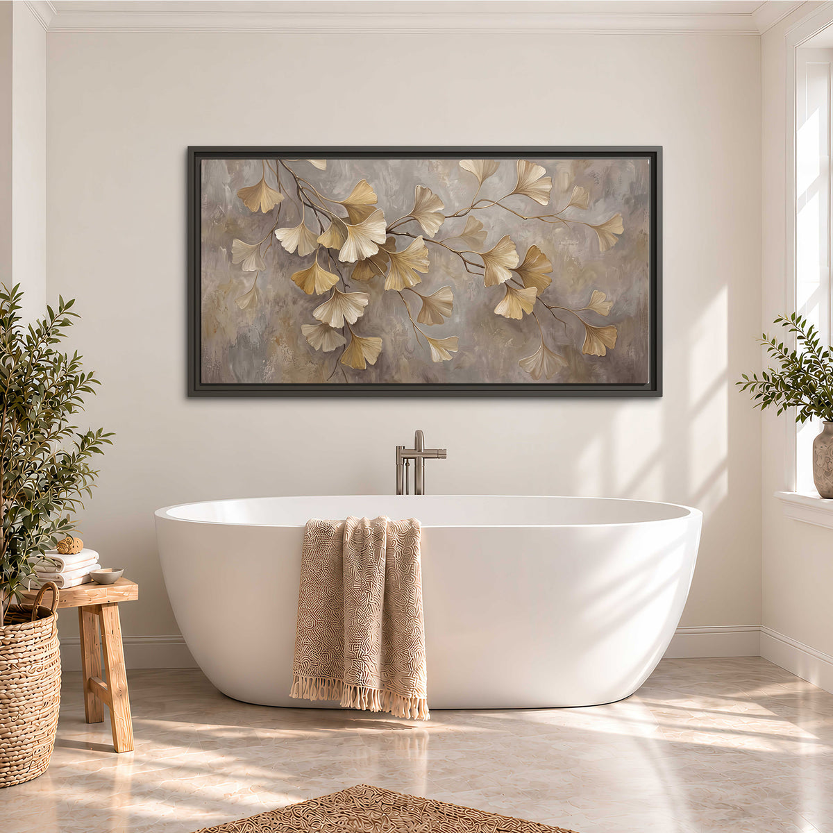 Cream and gold-colored ginkgo leaves against warm gray single framed canvas wall art styled in an interior