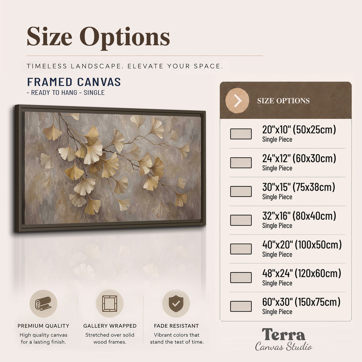 Cream and gold-colored ginkgo leaves against warm gray single framed canvas wall art available dimensions
