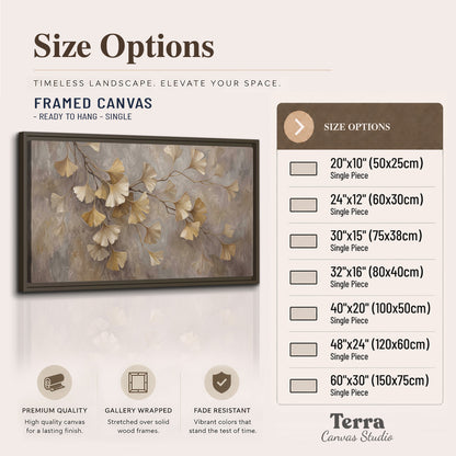 Cream and gold-colored ginkgo leaves against warm gray single framed canvas wall art available dimensions