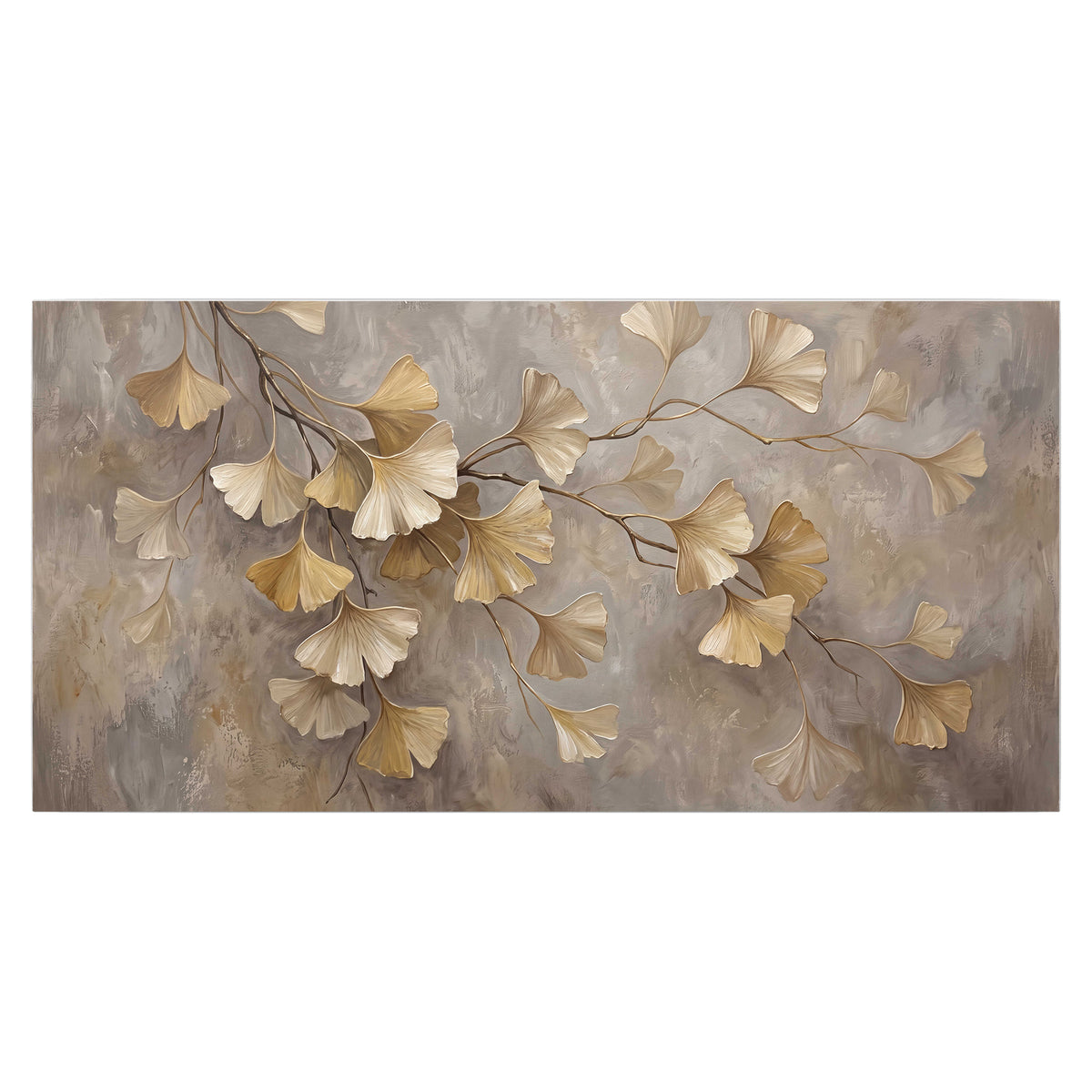 Cream and gold-colored ginkgo leaves against warm gray single poster print viewed straight on