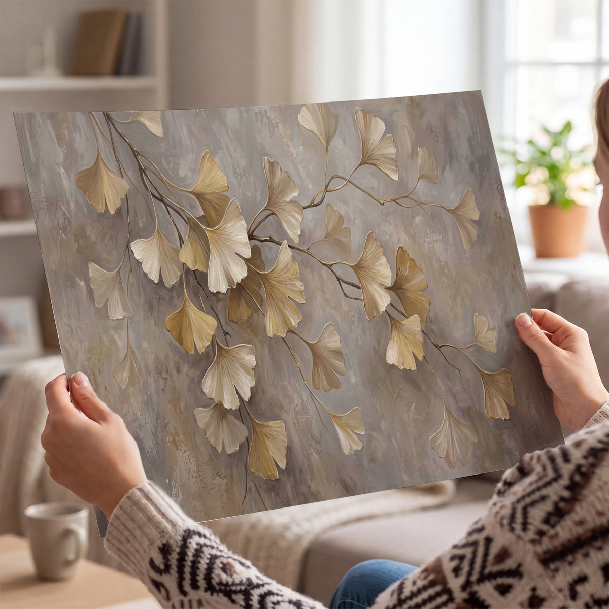 Cream and gold-colored ginkgo leaves against warm gray single poster print held in hands
