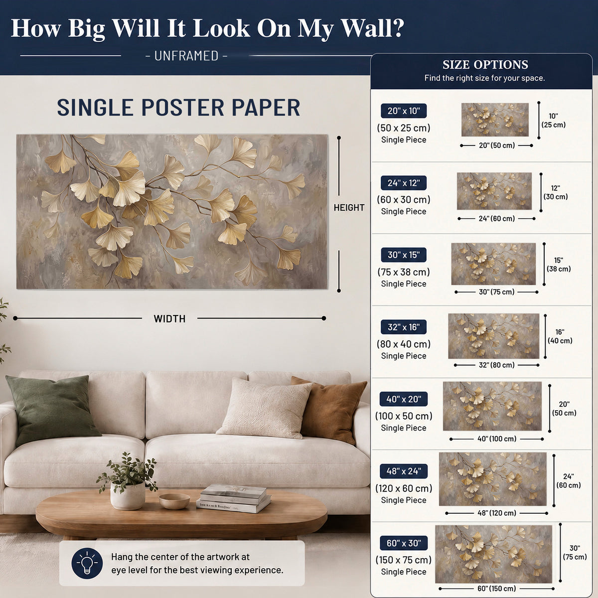 Cream and gold-colored ginkgo leaves against warm gray single poster print size guide above a sofa; room view is illustrative