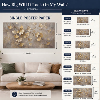 Cream and gold-colored ginkgo leaves against warm gray single poster print size guide above a sofa; room view is illustrative