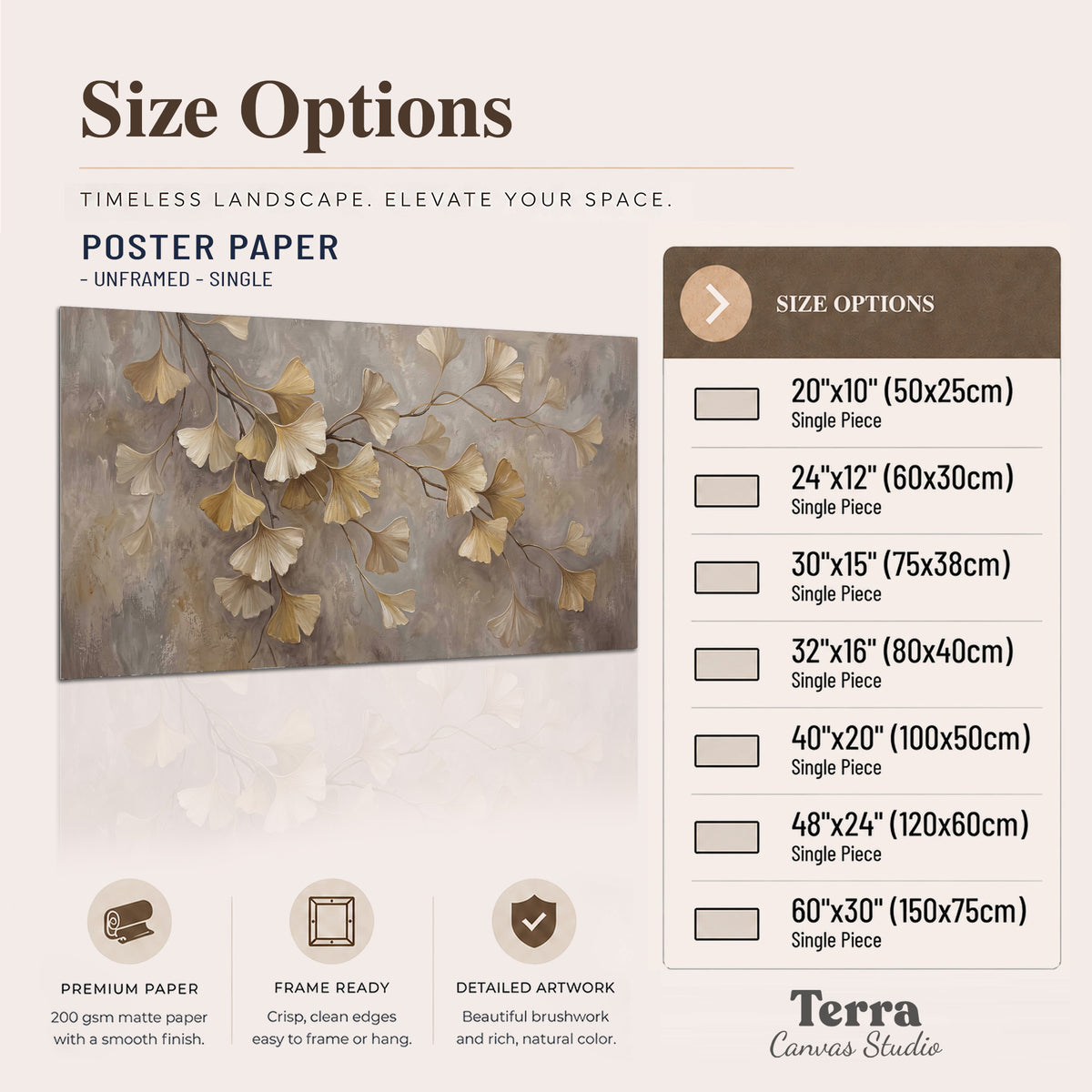 Cream and gold-colored ginkgo leaves against warm gray single poster print available dimensions