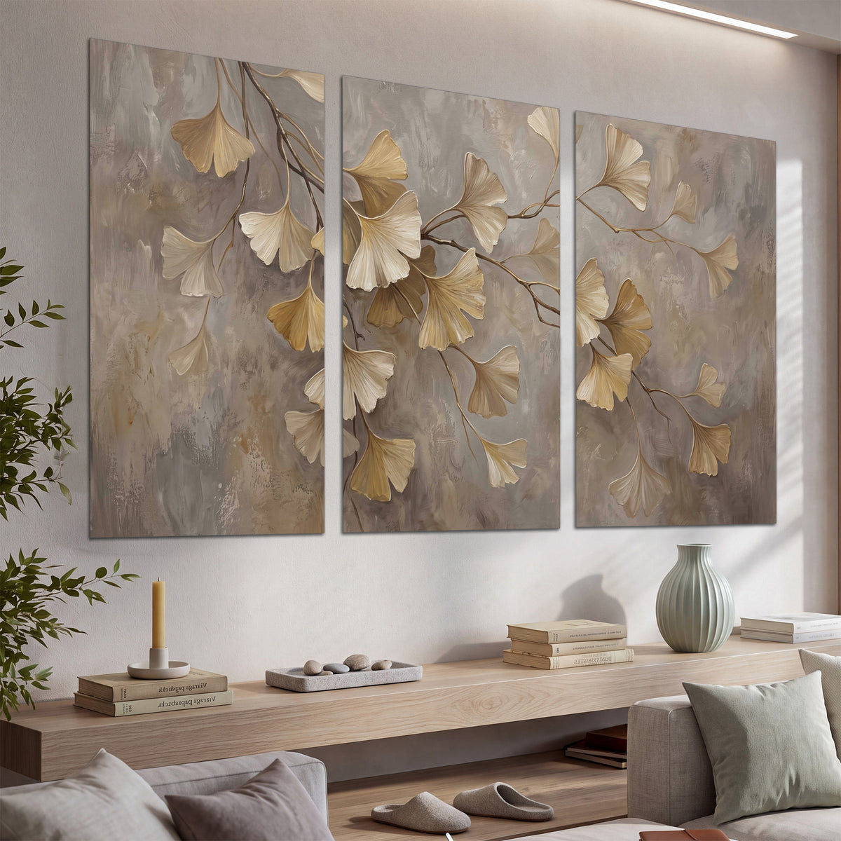Cream and gold-colored ginkgo leaves against warm gray set of 3 poster prints displayed in a console