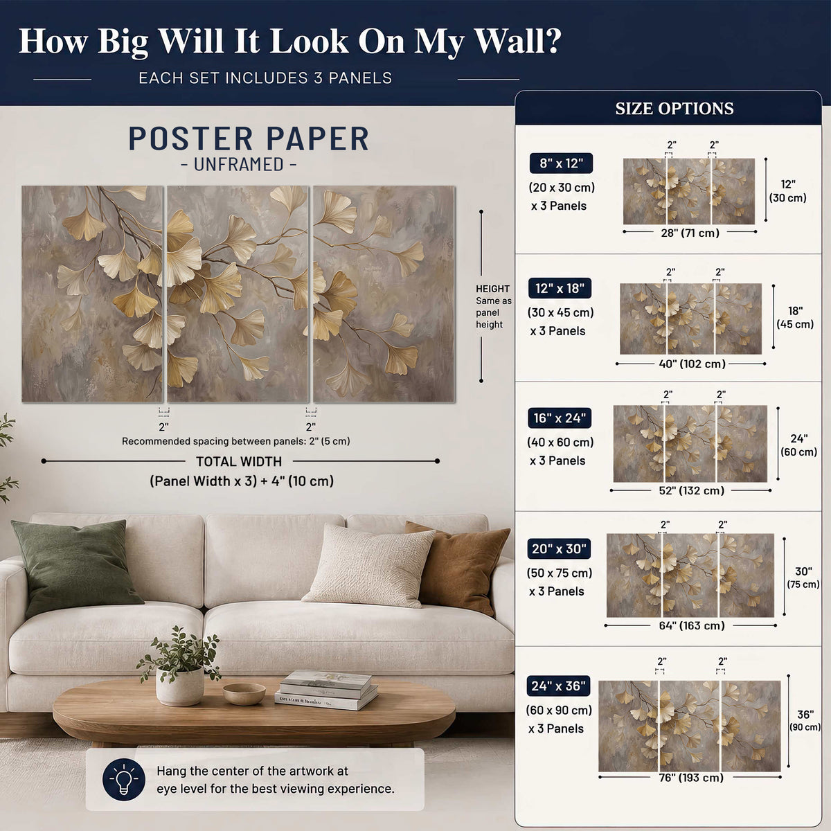 Cream and gold-colored ginkgo leaves against warm gray set of 3 poster prints size guide above a sofa; room view is illustrative
