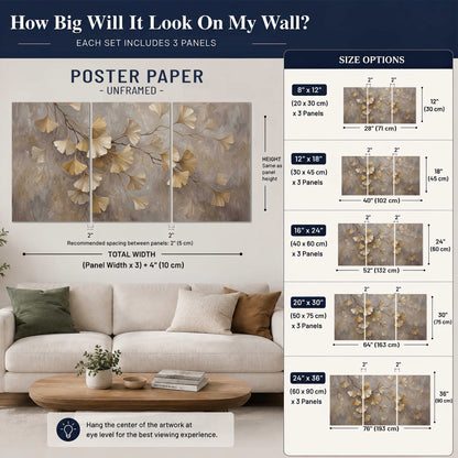 Cream and gold-colored ginkgo leaves against warm gray set of 3 poster prints size guide above a sofa; room view is illustrative