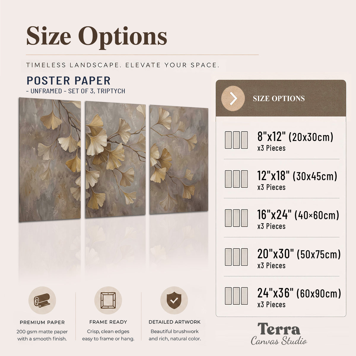 Cream and gold-colored ginkgo leaves against warm gray set of 3 poster prints available dimensions; triptych dimensions are per panel