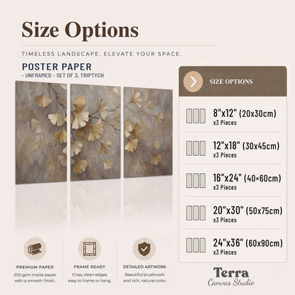 Cream and gold-colored ginkgo leaves against warm gray set of 3 poster prints available dimensions; triptych dimensions are per panel