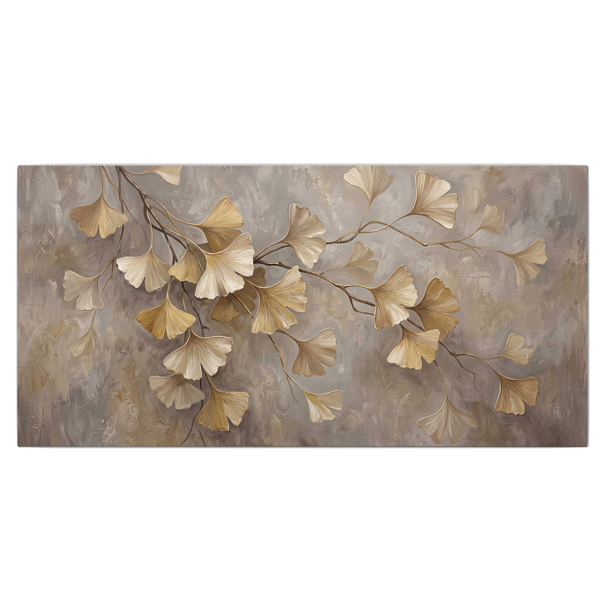 Cream and gold-colored ginkgo leaves against warm gray single canvas wall art viewed straight on